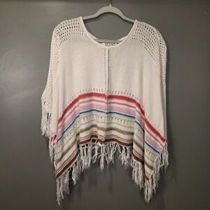 Billabong Knit Poncho Fringe Colorful Boho Kidcore, Women's S/M, White Multi